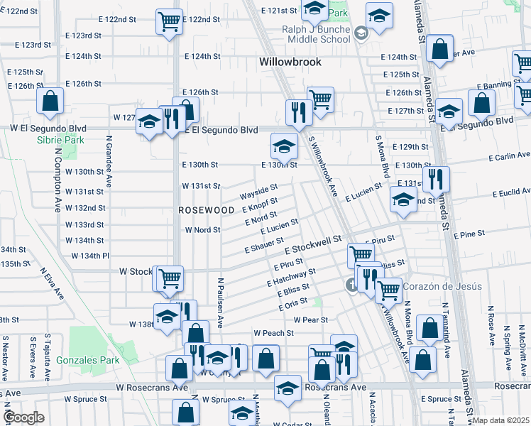 map of restaurants, bars, coffee shops, grocery stores, and more near 2109 East Nord Street in Compton