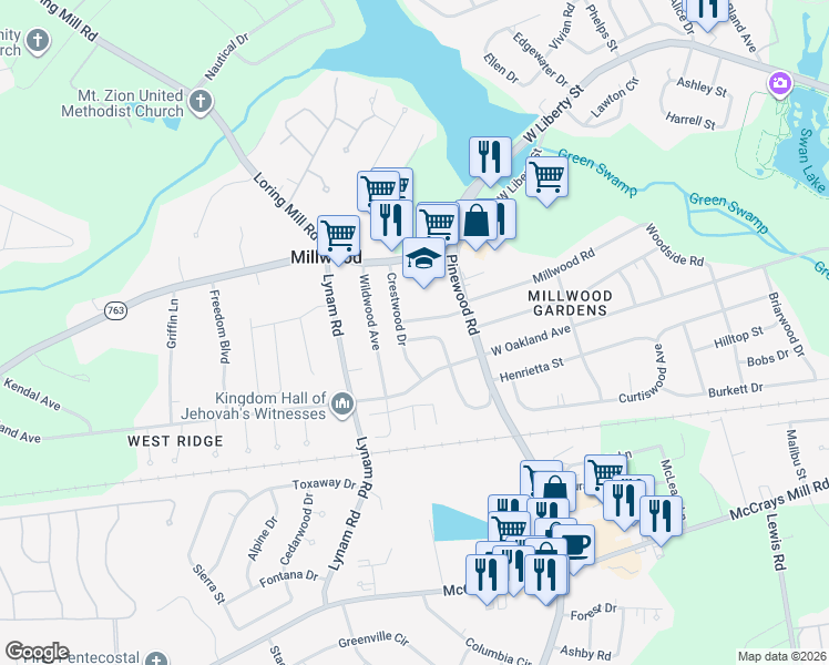 map of restaurants, bars, coffee shops, grocery stores, and more near 45 Westwood Drive in Sumter