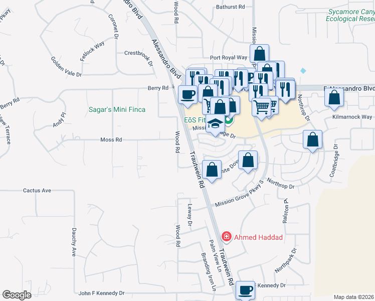 map of restaurants, bars, coffee shops, grocery stores, and more near 19114 Yoko Lane in Riverside