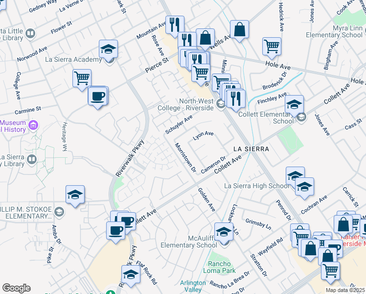 map of restaurants, bars, coffee shops, grocery stores, and more near 4451 Morristown Drive in Riverside