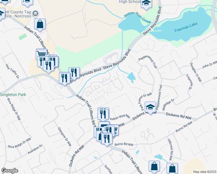 map of restaurants, bars, coffee shops, grocery stores, and more near 1086 Rock Creek Lane in Norcross
