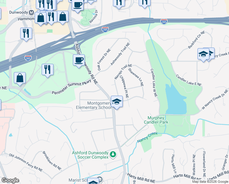 map of restaurants, bars, coffee shops, grocery stores, and more near 4056 Navajo Trail Northeast in Atlanta