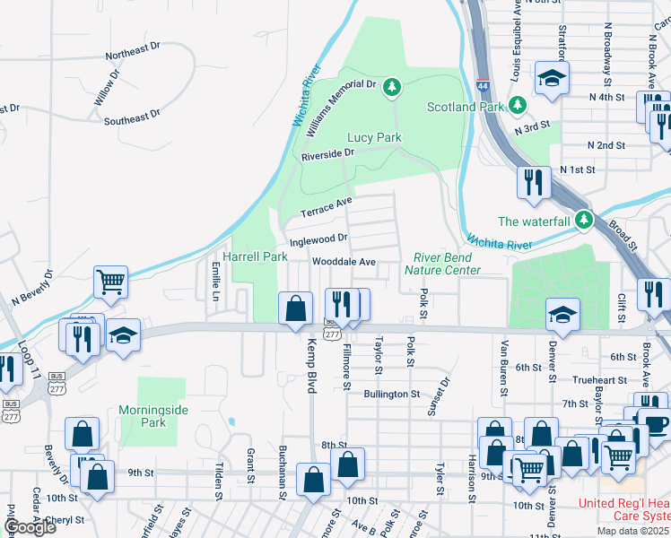 map of restaurants, bars, coffee shops, grocery stores, and more near 303 Rockwood Drive in Wichita Falls