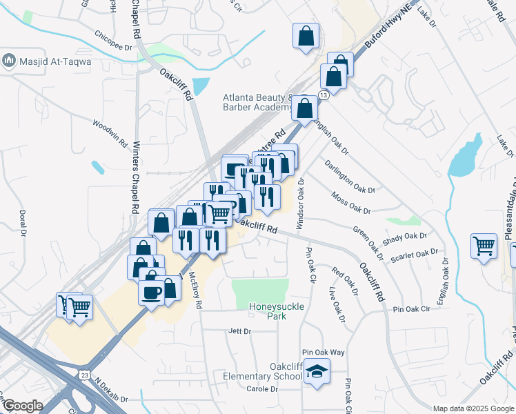 map of restaurants, bars, coffee shops, grocery stores, and more near 3024 Oakcliff Road in Doraville