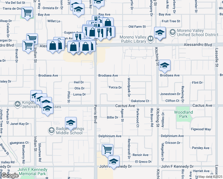 map of restaurants, bars, coffee shops, grocery stores, and more near 25127 Yucca Drive in Moreno Valley