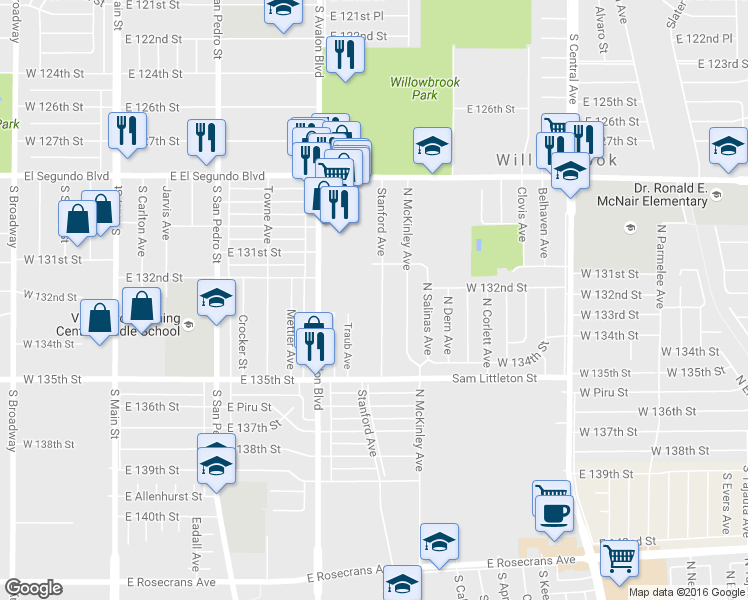 map of restaurants, bars, coffee shops, grocery stores, and more near 13213 Stanford Avenue in Los Angeles