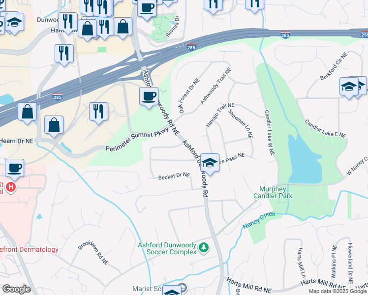 map of restaurants, bars, coffee shops, grocery stores, and more near 1317 Dunwoody Lane Northeast in Atlanta