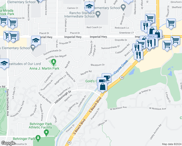 map of restaurants, bars, coffee shops, grocery stores, and more near 16506 Murphy Rd in La Mirada
