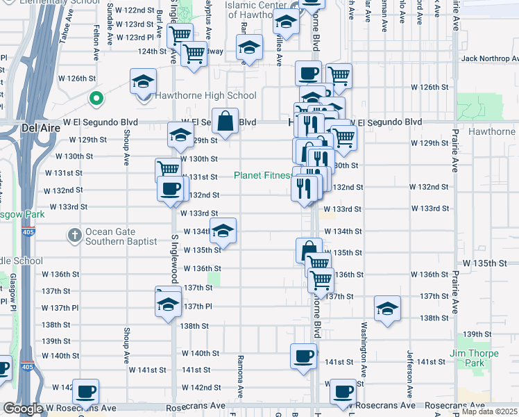 map of restaurants, bars, coffee shops, grocery stores, and more near 4551 West 133rd Street in Hawthorne