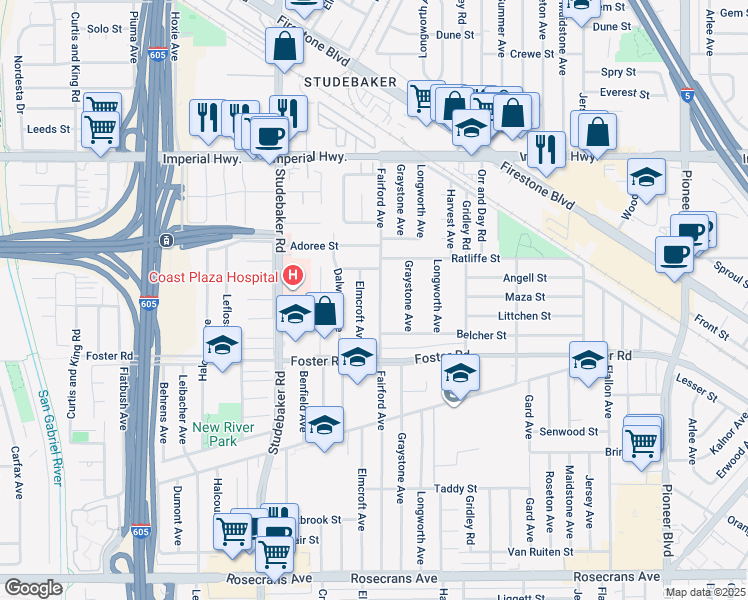 map of restaurants, bars, coffee shops, grocery stores, and more near 13103 Fairford Avenue in Norwalk