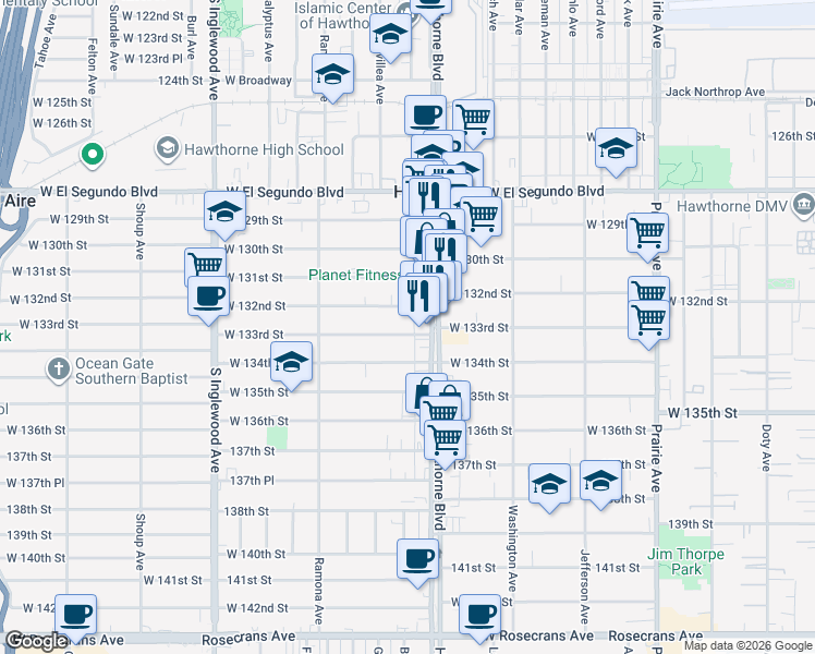map of restaurants, bars, coffee shops, grocery stores, and more near 13253 Hawthorne Boulevard in Hawthorne