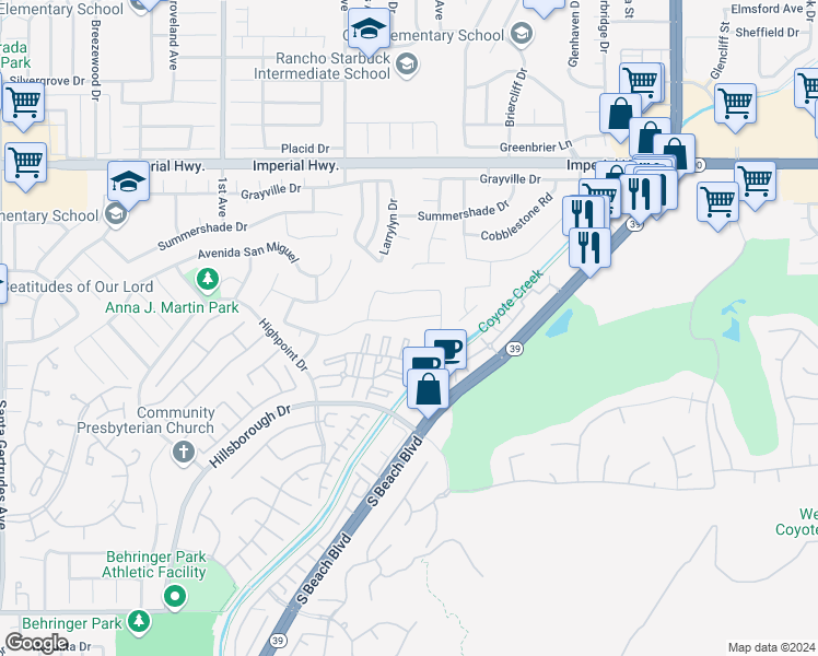 map of restaurants, bars, coffee shops, grocery stores, and more near 16510 Greystone Drive in La Mirada