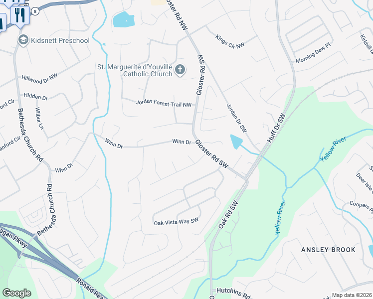 map of restaurants, bars, coffee shops, grocery stores, and more near 66 Earle Court in Lawrenceville