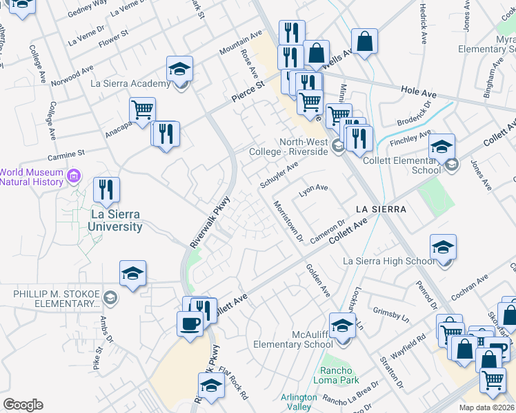 map of restaurants, bars, coffee shops, grocery stores, and more near 11309 River Knoll Drive in Riverside