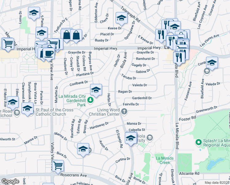 map of restaurants, bars, coffee shops, grocery stores, and more near 14636 Ragan Drive in La Mirada
