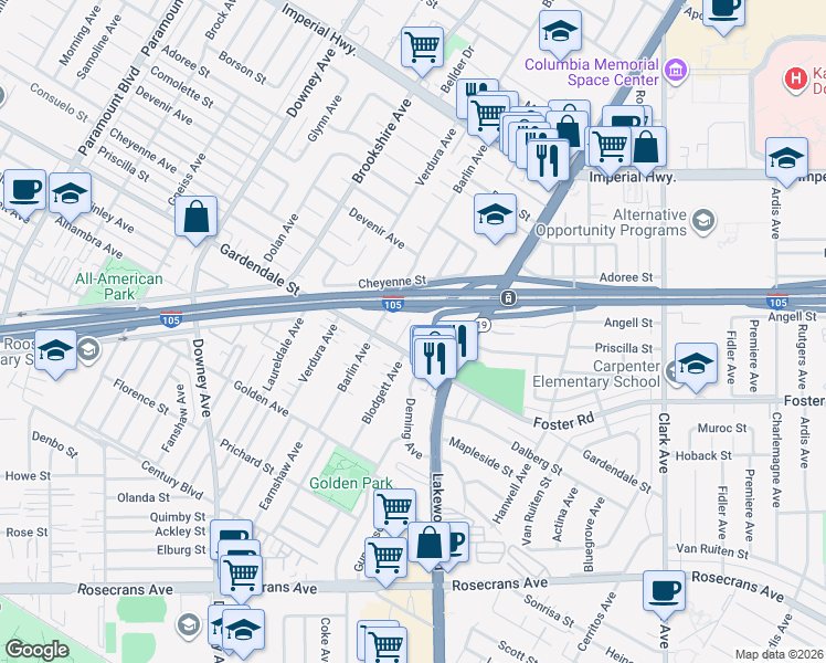 map of restaurants, bars, coffee shops, grocery stores, and more near 13039 Airpoint Avenue in Downey