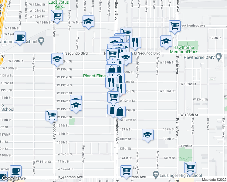 map of restaurants, bars, coffee shops, grocery stores, and more near 13253 Hawthorne Boulevard in Hawthorne