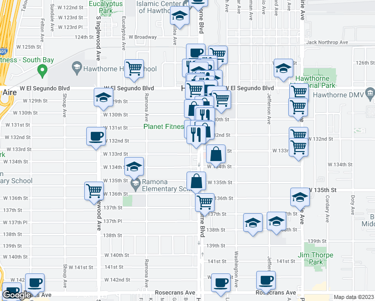 map of restaurants, bars, coffee shops, grocery stores, and more near 13253 Hawthorne Boulevard in Hawthorne