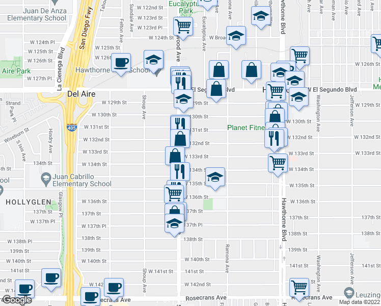 map of restaurants, bars, coffee shops, grocery stores, and more near 4773 West 133rd Street in Hawthorne