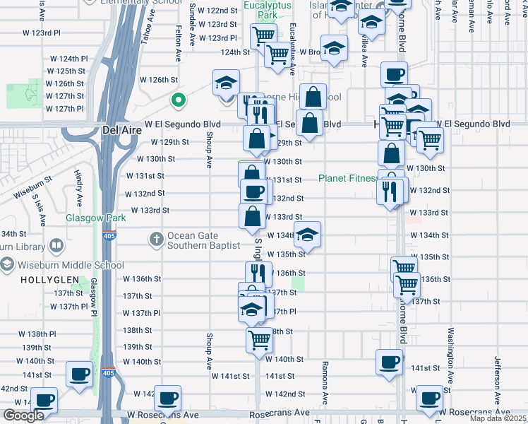 map of restaurants, bars, coffee shops, grocery stores, and more near in Hawthorne