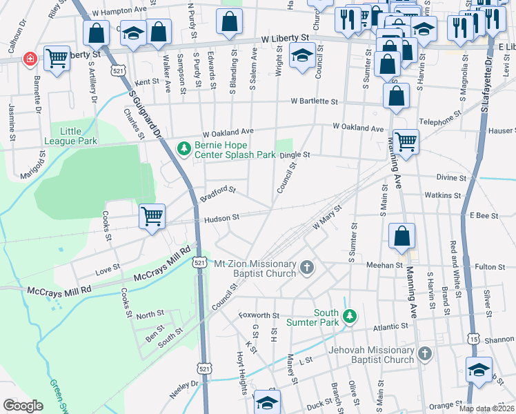 map of restaurants, bars, coffee shops, grocery stores, and more near 10 Bradford Street in Sumter
