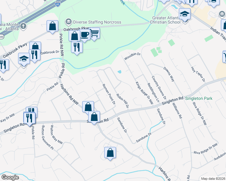 map of restaurants, bars, coffee shops, grocery stores, and more near 1467 Roman Point Drive in Norcross