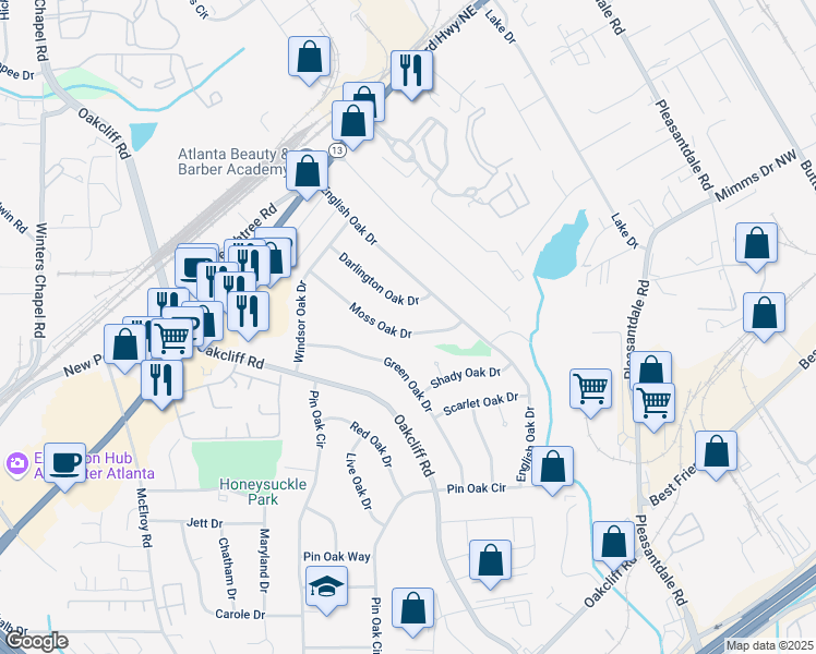 map of restaurants, bars, coffee shops, grocery stores, and more near 3240 Moss Oak Drive in Doraville
