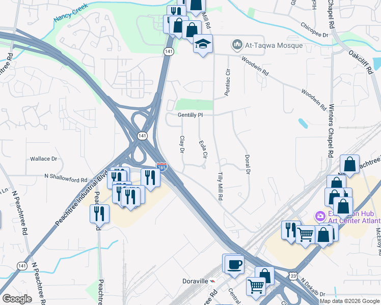 map of restaurants, bars, coffee shops, grocery stores, and more near 4049 Clay Drive in Doraville
