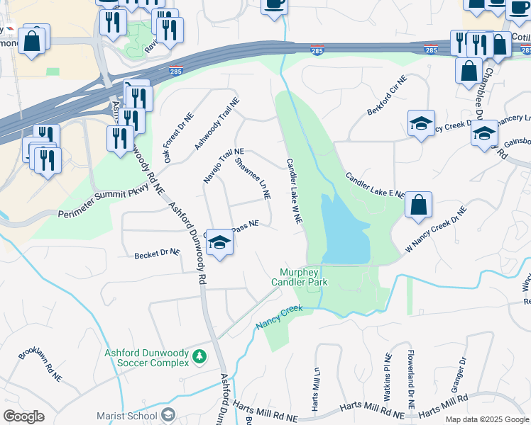 map of restaurants, bars, coffee shops, grocery stores, and more near 4052 Shawnee Lane Northeast in Atlanta