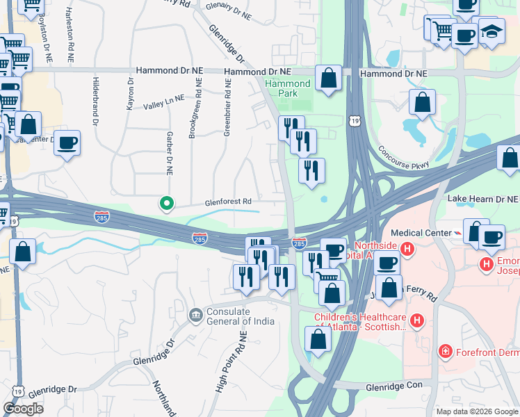 map of restaurants, bars, coffee shops, grocery stores, and more near 715 Glenforest Road in Atlanta