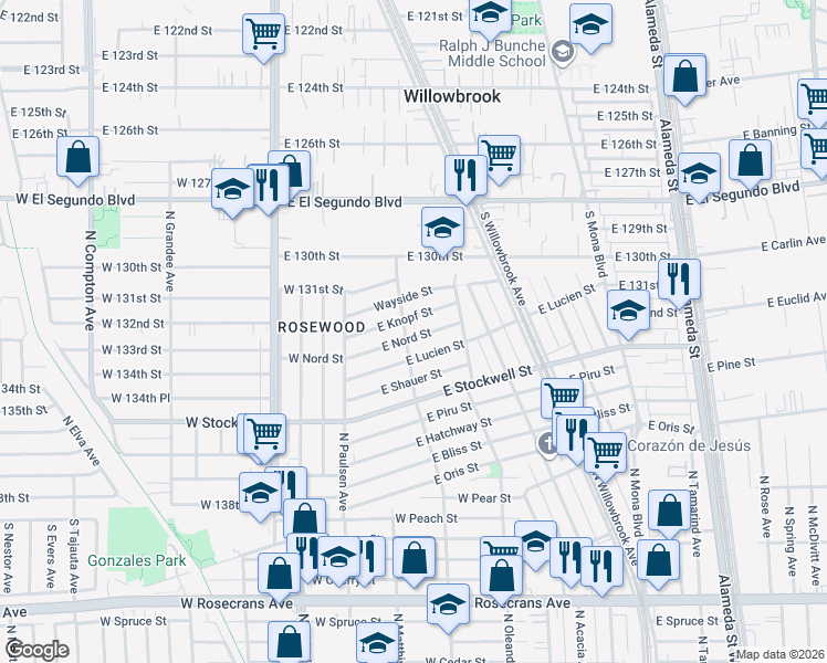 map of restaurants, bars, coffee shops, grocery stores, and more near 2109 East Nord Street in Compton