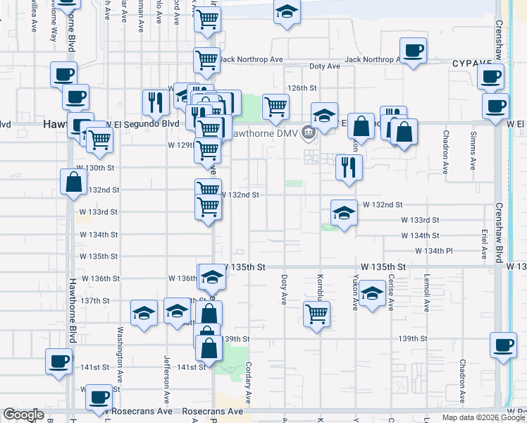 map of restaurants, bars, coffee shops, grocery stores, and more near 13231 Florwood Avenue in Hawthorne