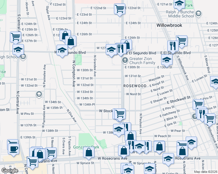 map of restaurants, bars, coffee shops, grocery stores, and more near 850 West 132nd Street in Compton