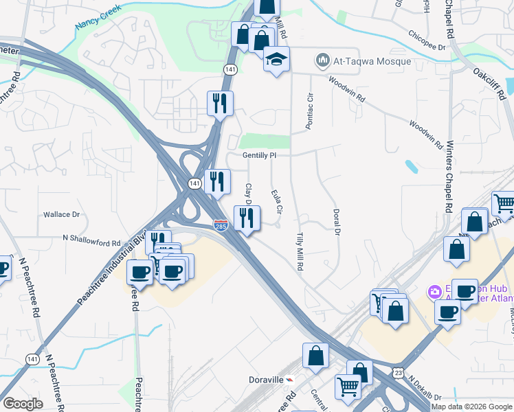 map of restaurants, bars, coffee shops, grocery stores, and more near 4049 Clay Dr in Doraville