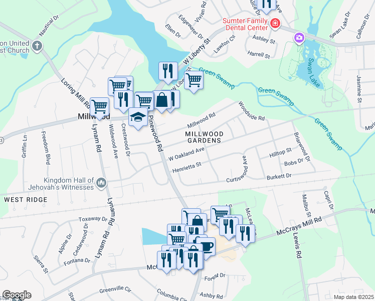map of restaurants, bars, coffee shops, grocery stores, and more near 1917 West Oakland Avenue in Sumter