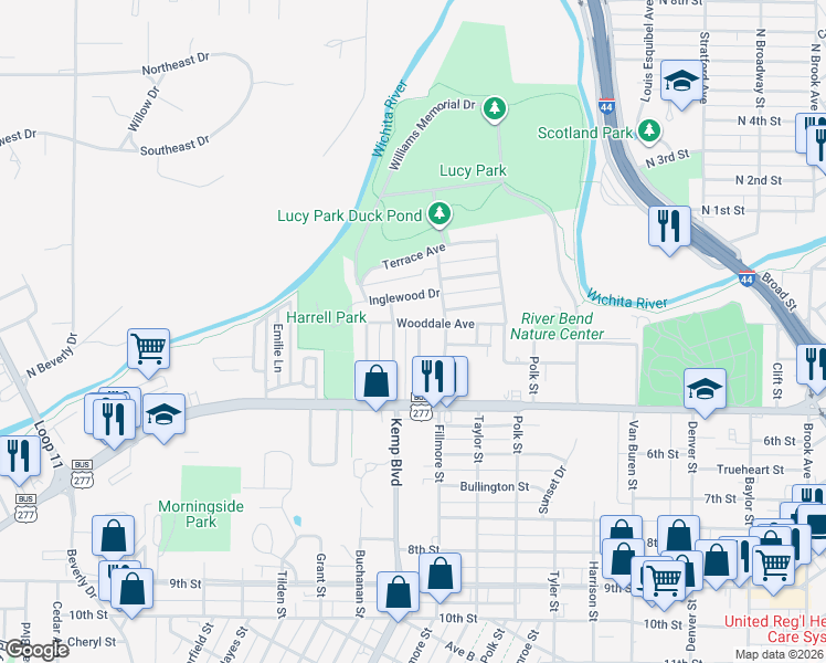 map of restaurants, bars, coffee shops, grocery stores, and more near 303 Rockwood Drive in Wichita Falls