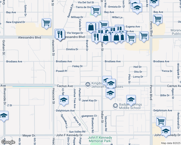 map of restaurants, bars, coffee shops, grocery stores, and more near 24383 Lamont Drive in Moreno Valley