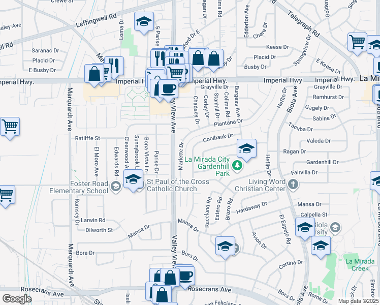 map of restaurants, bars, coffee shops, grocery stores, and more near 13121 De Alcala Drive in La Mirada