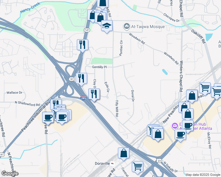 map of restaurants, bars, coffee shops, grocery stores, and more near 4047 Eula Circle in Doraville