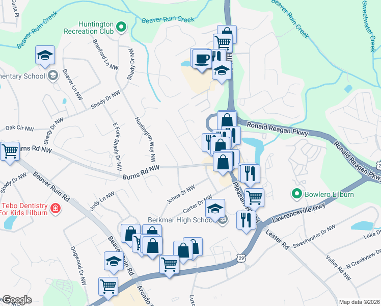 map of restaurants, bars, coffee shops, grocery stores, and more near 569 Burnt Creek Drive Northwest in Lilburn