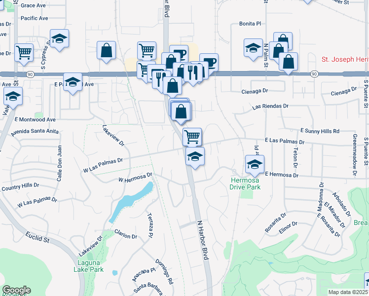 map of restaurants, bars, coffee shops, grocery stores, and more near S Harbor Blvd & Las Palmas Dr in La Habra