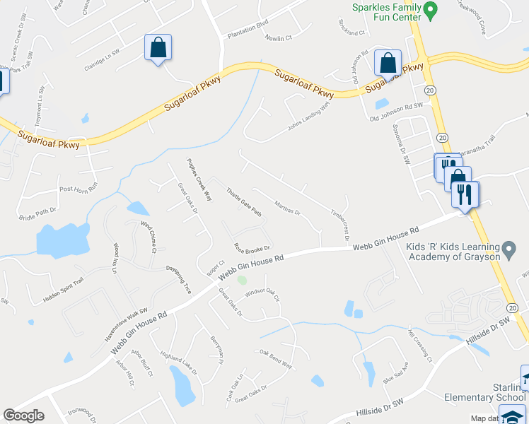 map of restaurants, bars, coffee shops, grocery stores, and more near 1270 Thistle Gate Path in Lawrenceville