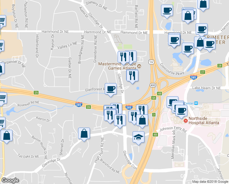 map of restaurants, bars, coffee shops, grocery stores, and more near 735 Glenforest Road in Atlanta