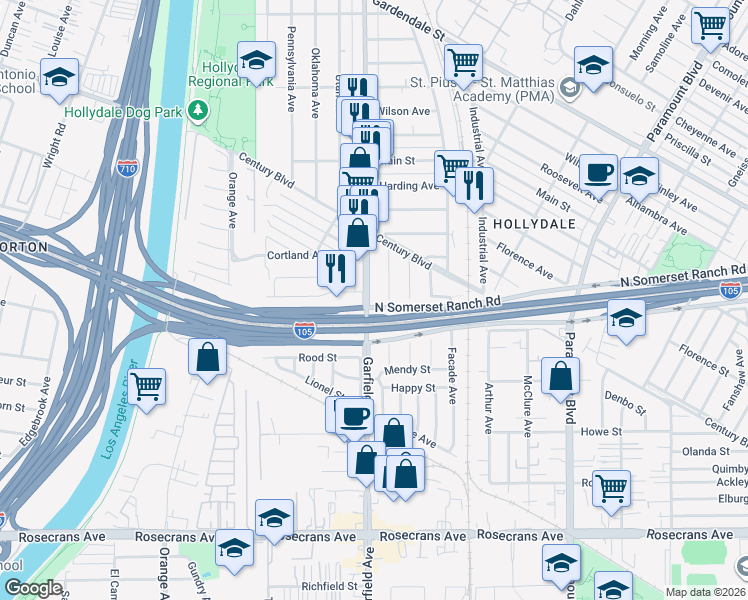 map of restaurants, bars, coffee shops, grocery stores, and more near 13724 Garfield Avenue in Paramount