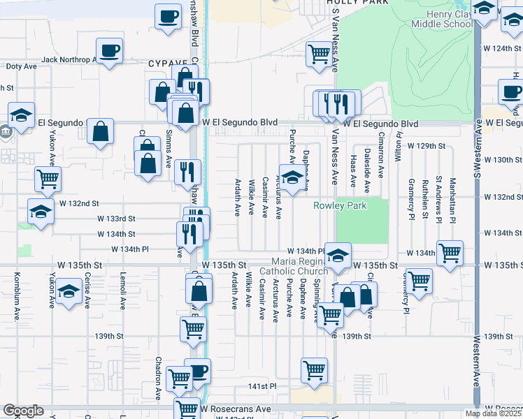map of restaurants, bars, coffee shops, grocery stores, and more near 13213 Wilkie Avenue in Gardena