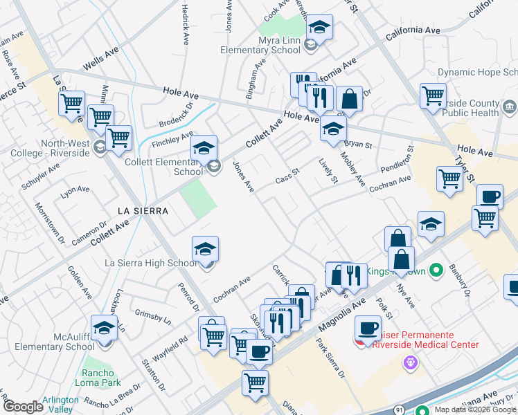 map of restaurants, bars, coffee shops, grocery stores, and more near 4130 Jones Avenue in Riverside