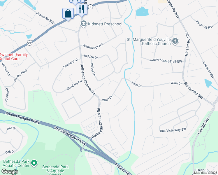 map of restaurants, bars, coffee shops, grocery stores, and more near 190 Adams Mill Drive Northwest in Lawrenceville