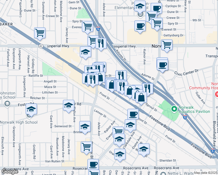 map of restaurants, bars, coffee shops, grocery stores, and more near 11859 Firestone Boulevard in Norwalk