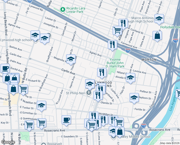 map of restaurants, bars, coffee shops, grocery stores, and more near 4267 Carlin Avenue in Lynwood