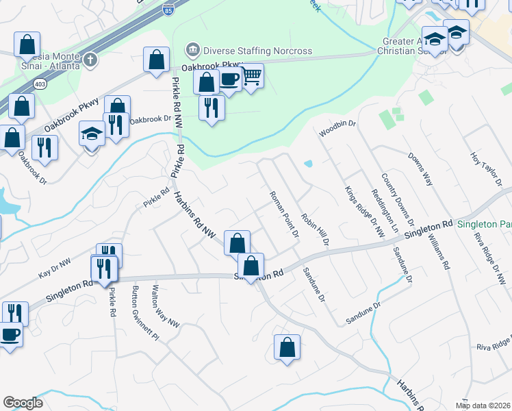 map of restaurants, bars, coffee shops, grocery stores, and more near 1473 Wing Foot Way in Norcross